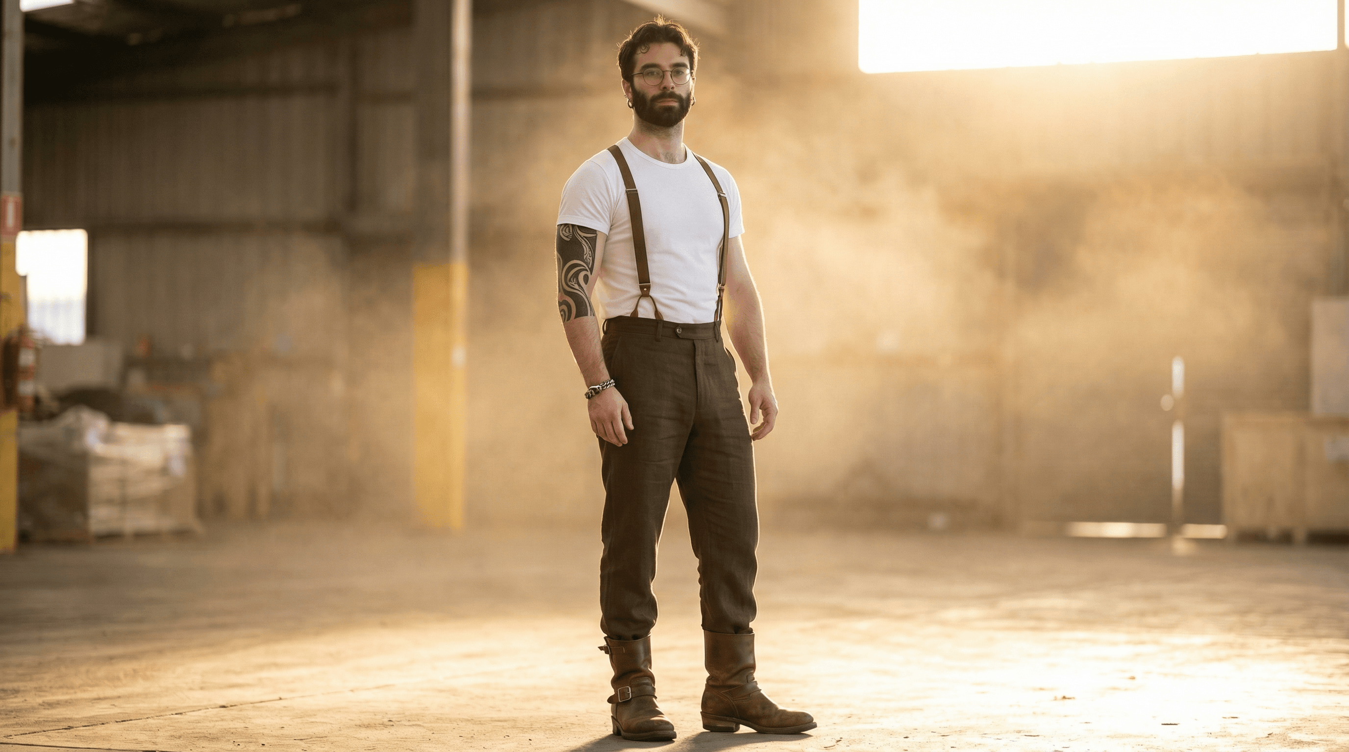 AI-generate picture of a man wearing engineer boots, brown side-adjuster chinos and a white tshirt with suspenders in a warehouse at golden hour
