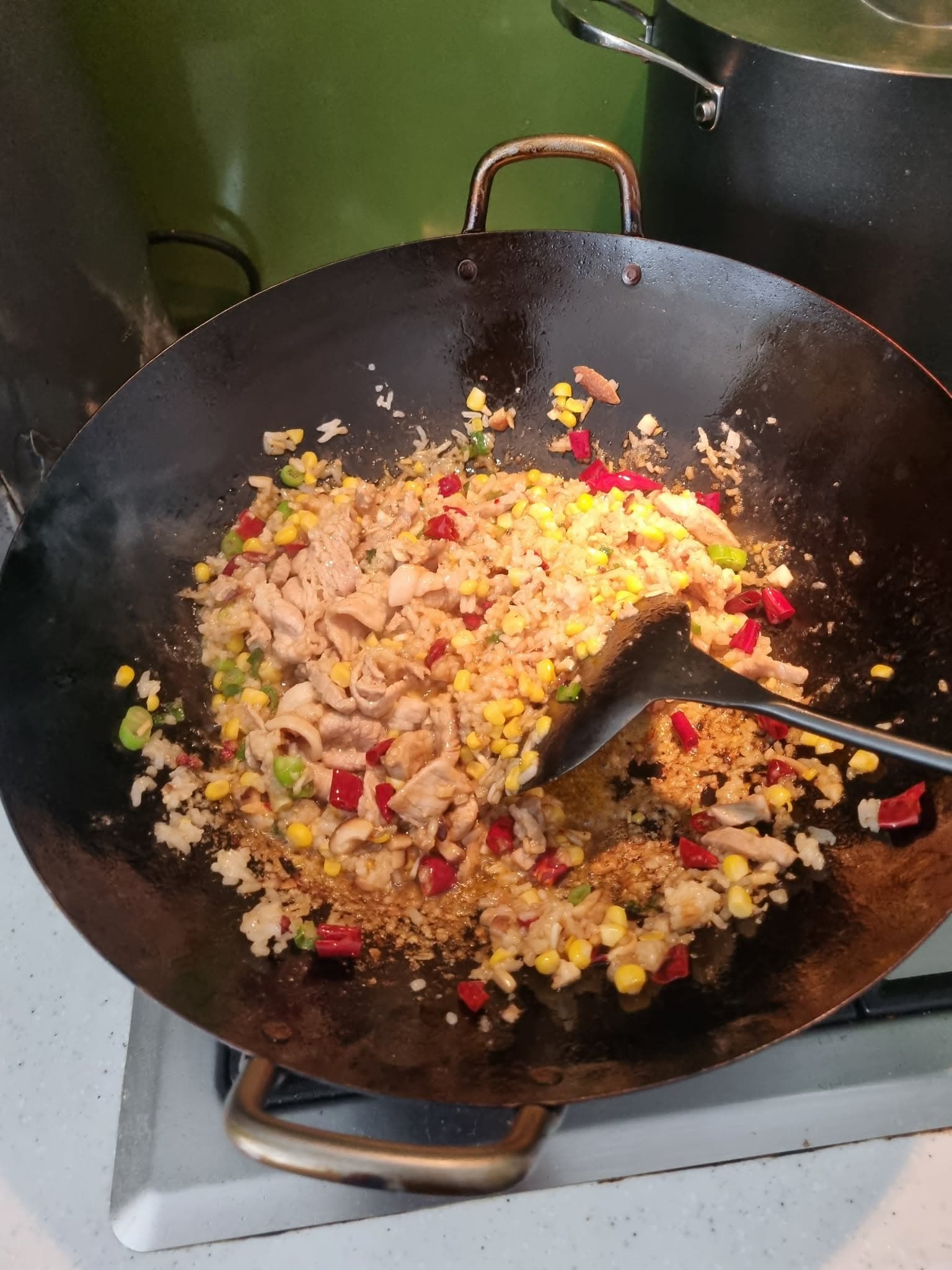 Pork fried rice in wok